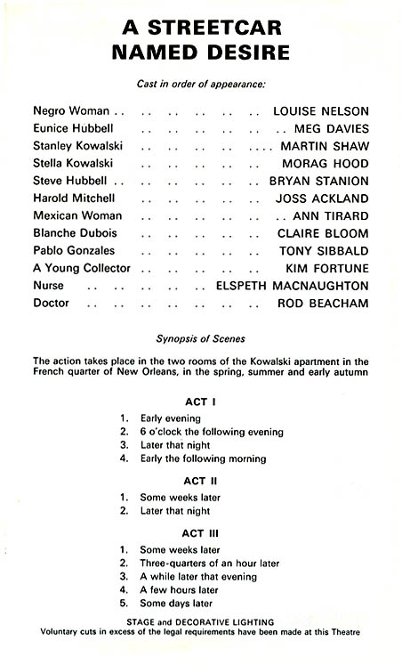 A Streetcar Named Desire theatre programme and cast list starring Claire Bloom, Joss Ackland, Martin Shaw, Morag Hood