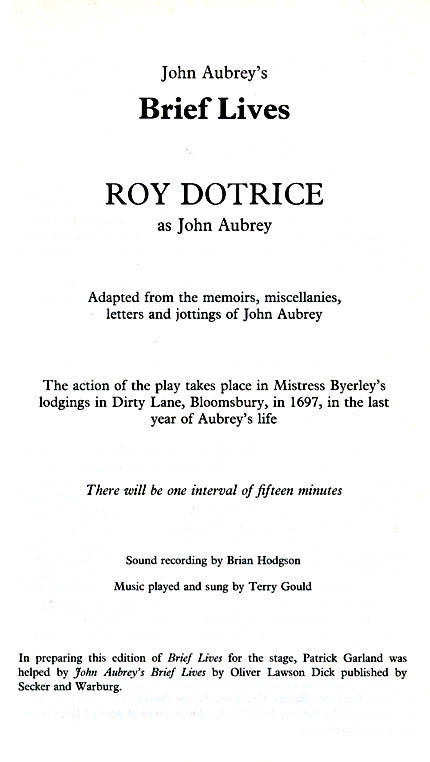 Brief Lives theatre programme and cast list starring Roy Dotrice
