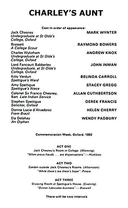 Charley's Aunt theatre programme and cast list starring John Inman, Mark Wynter, Helen Cherry, Belinda Carroll