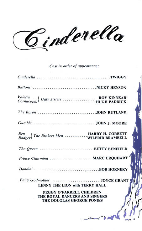 Cinderella theatre programme and cast list starring Twiggy, Steptoe & Son, Wilfrid Brambell, Harry H. Corbett, Roy Kineer, Hugh Paddick, Nicky Henson