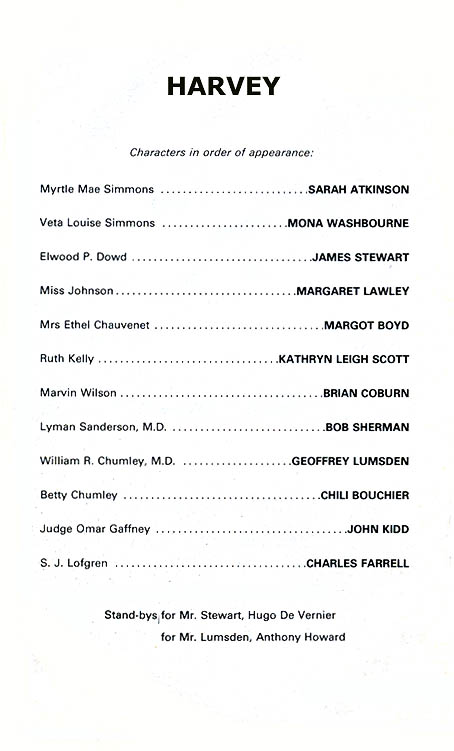 Harvey theatre programme and cast list starring James Stewart, Mona Washbourne