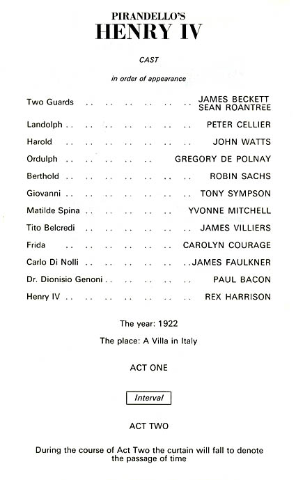 Henry IV theatre programme and cast list starring Rex Harrison, Yvonne Mitchell, James Villiers