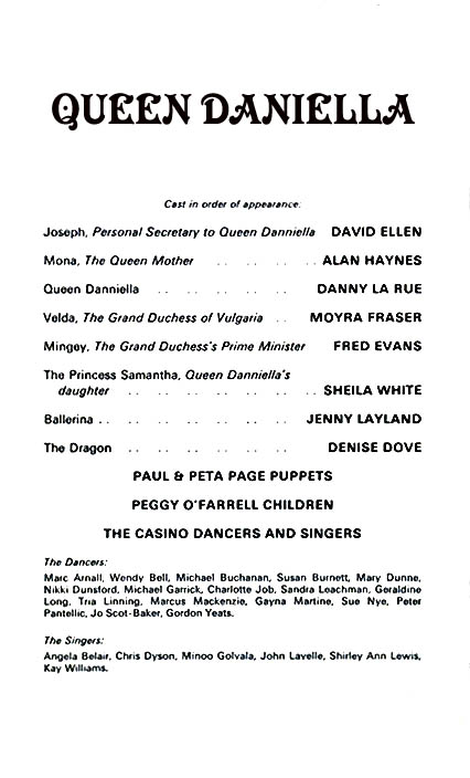 Queen Danniella theatre programme and cast list starring Danny La Rue, Alan Haynes, Moyra Fraser, Sheila White, Fred Evans