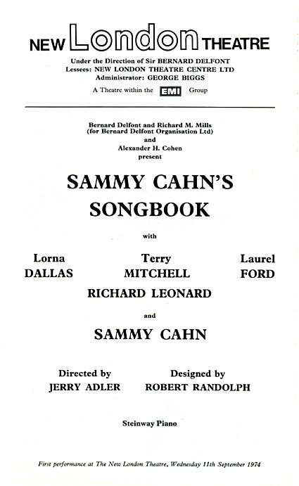Sammy Cahn's Songbook theatre programme and cast list starring Sammy Cahn, Lorna Dallas