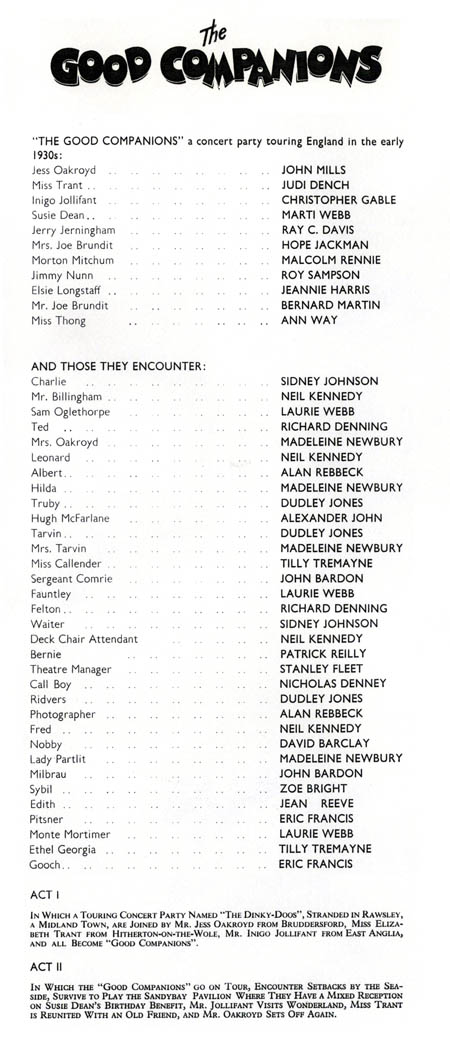 The Good Companions theatre programme and cast list starring John Mills, Judi Dench, Marti Webb, Christopher Gable, Marti Webb,