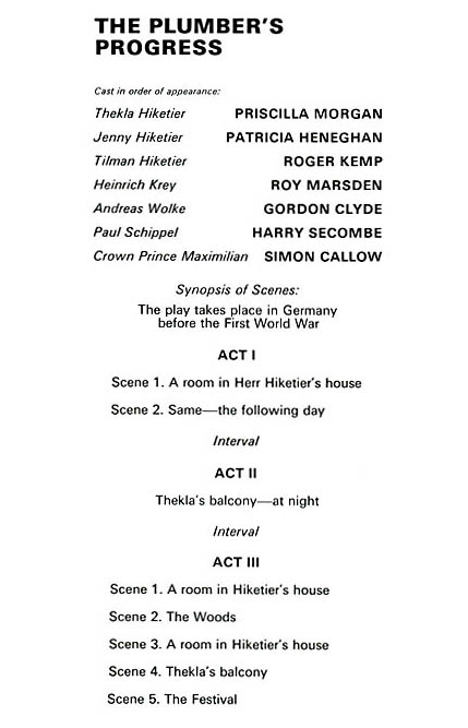 The Plumber's Progress theatre programme and cast list starring Harry Secombe, Roger Kemp, Roy Marsden, Simon Callow, Priscilla Morgan