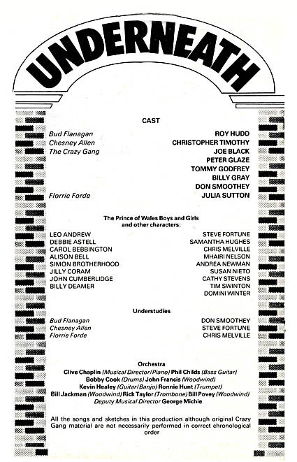 Underneath the Arches theatre programme and cast list starring Roy Hudd, Christopher Timothy, Julia Sutton