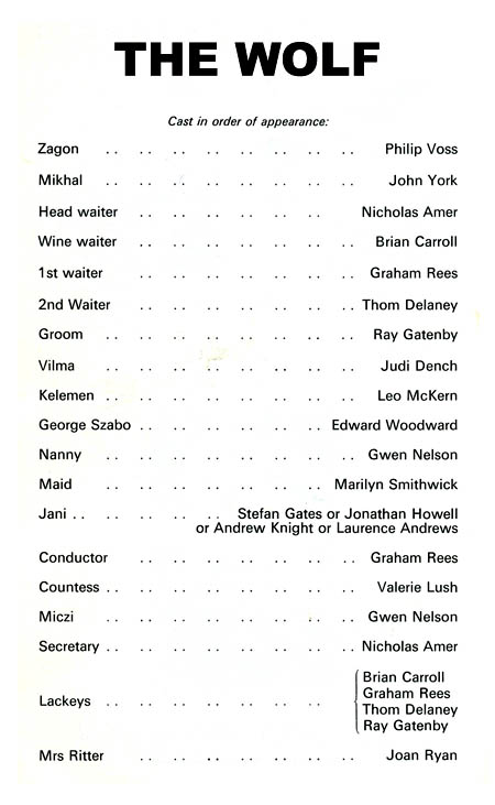 The Wolf theatre programme and cast list starring Judi Dench, Leo McKern, Edward Woodward