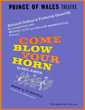Come Blow your Horn theatre poster - Prince of Wales Theatre starring Bob Monkhouse, Michael Crawford, David Kossoff, Nyree Dawn Porter, Libby Morris