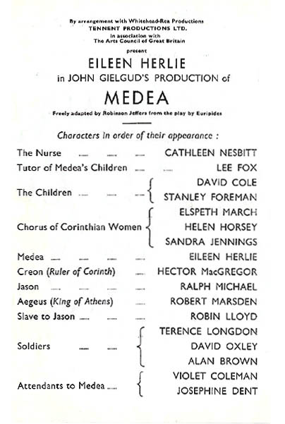 Medea theatre Cast List with Eileen Herlie and Cathleen Nesbitt