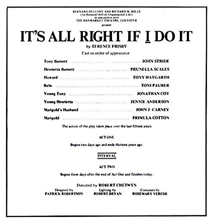 It's All Right if I do It theatre programme and cast list starring John Stride, Prunella Scales, Toni Palmer, Jonathan Coy - by Terence Frisby
