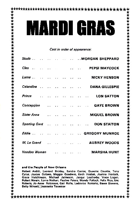Mardi Gras theatre programme and cast list starring Dana Gillespier, Gaye Brown, Miquel Brown, Morgan Sheppard, Nicky Henson, Pepsi Maycock, Marsha Hunt