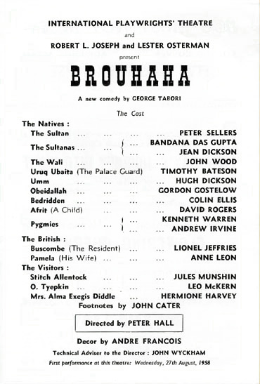 Brouhaha cast list starring Peter Sellers, Lionel Jeffries, Jules Munshin, Leo McKern - directed by Peter Hall