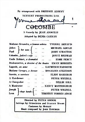 Colombe cast list starring Yvonne Arnaud, and Michael Gough
