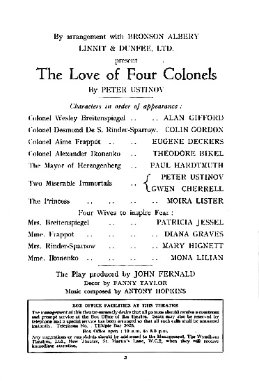 The Love of Four Colonels cast list - written by Peter Ustinov, starring Peter Ustinov with Moira Lister