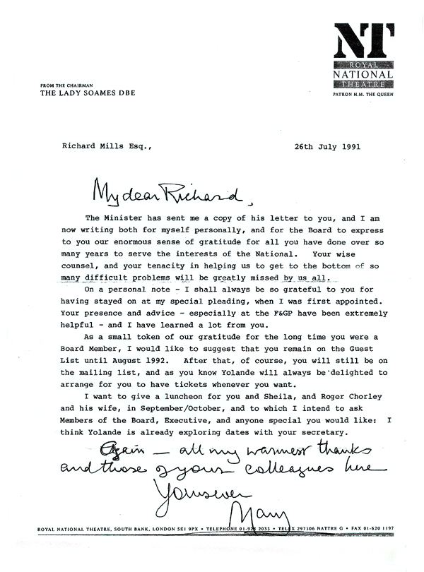 National Theatre letter from Mary Soames