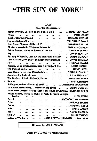 The Sun of York cast list - starring Valentine Dyall, Leslie French